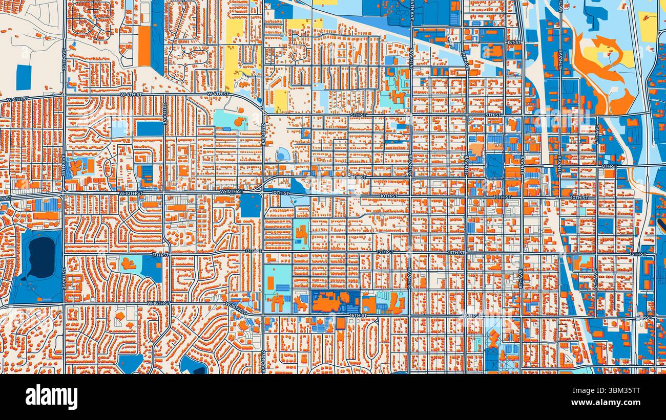 Farbenfrohe Greeley Kunstkarte mit Etiketten und Gebäuden mit vielen Details für städtische Straßen, Wege und Flecken. Stockfoto