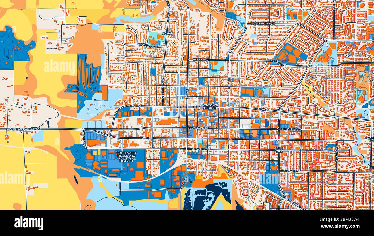Farbenfrohe Hillsboro Kunstkarte mit Etiketten und Gebäuden mit vielen Details für städtische Straßen, Wege und Flecken. Stockfoto
