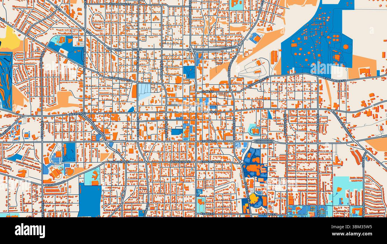 Farbenfrohe Tyler Kunstkarte mit Etiketten und Gebäuden mit vielen Details für Stadtstraßen, Wege und Flecken. Stockfoto