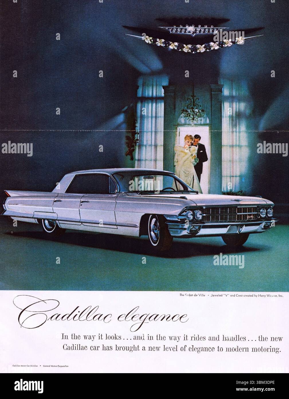 Cadillac de Ville 1961 Vintage Advartisement; Cadillac Eleganz, altes Silber Cadillac die Sedan de Ville Stockfoto