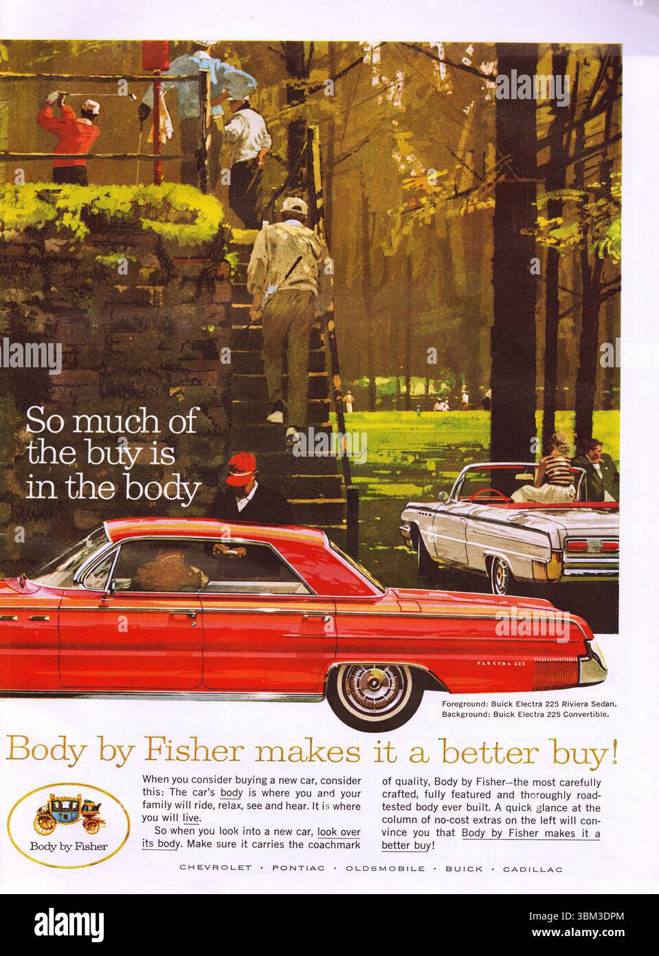 Body by Fisher Vintage-Werbung; Body by Fisher macht es zu einem besseren Kauf, buick electra 225 Cabrio und buick electra riviera Limousine Stockfoto