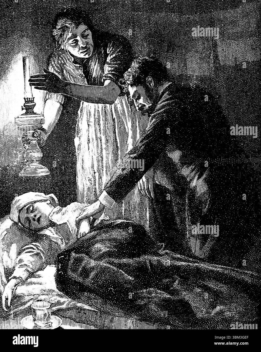 Viktorianische Gesundheit, kranke Kind im Bett besucht von Arzt gravierte Linie Illustration von 1892 das Quiver Magazin Stockfoto