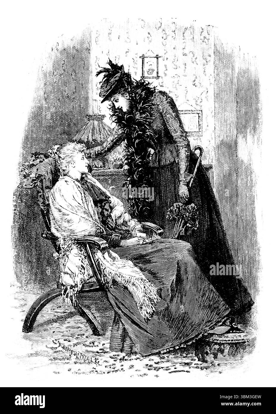 Viktorianische Gesundheit, kranke Frau im Wohnzimmer Stuhl, besucht von Freund gravierte Linie Illustration, von E J Brewtwall von 1892 The Quiver Magazine Stockfoto