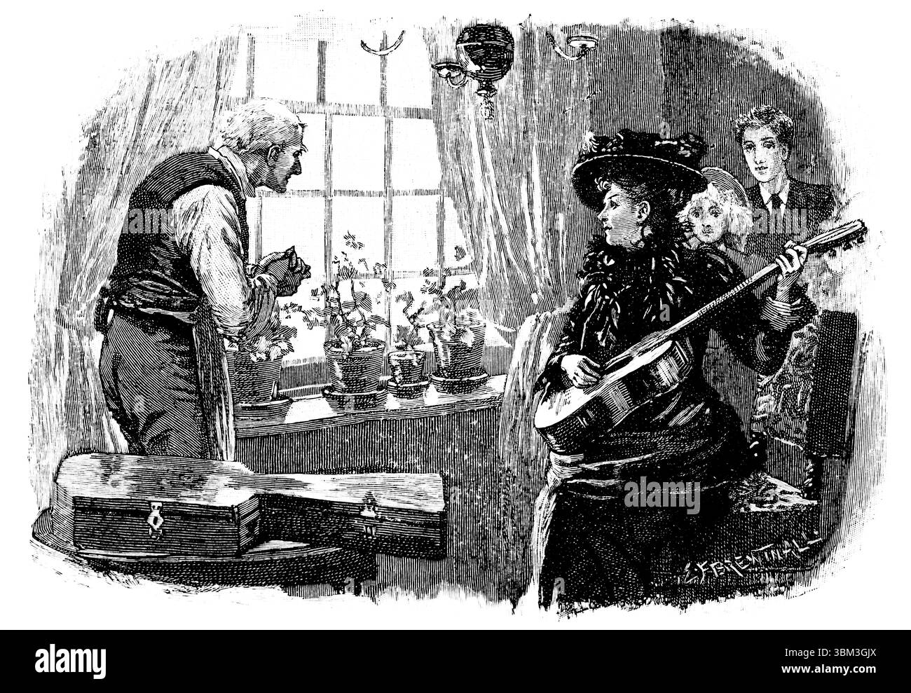Viktorianische Frau, die Gitarre spielt, gravierte Linienillustration, von E J Brewtwall aus 1892 The Quiver Magazine Stockfoto