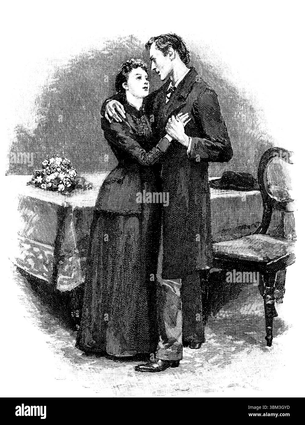Viktorianische Romantik, Mann und Frau umarmen im Wohnzimmer, gravierte Linie Illustration aus dem Quiver Magazine 1892 Stockfoto