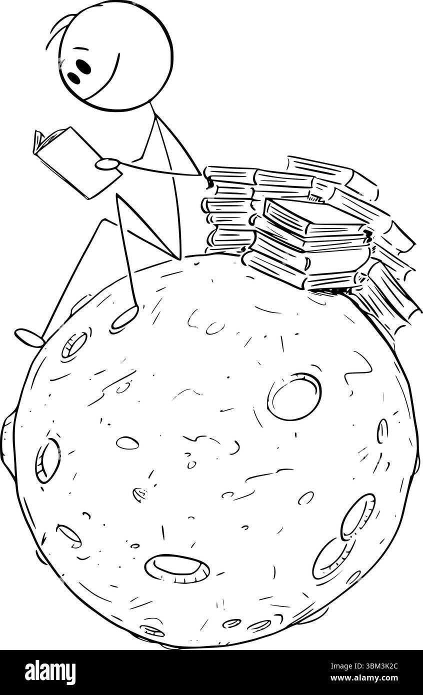 Person, die es genießt, Buch ungestört auf einem kleinen ruhigen Planeten zu lesen, Vektor-Cartoon-Stabfigur oder Charakterillustration. Stock Vektor