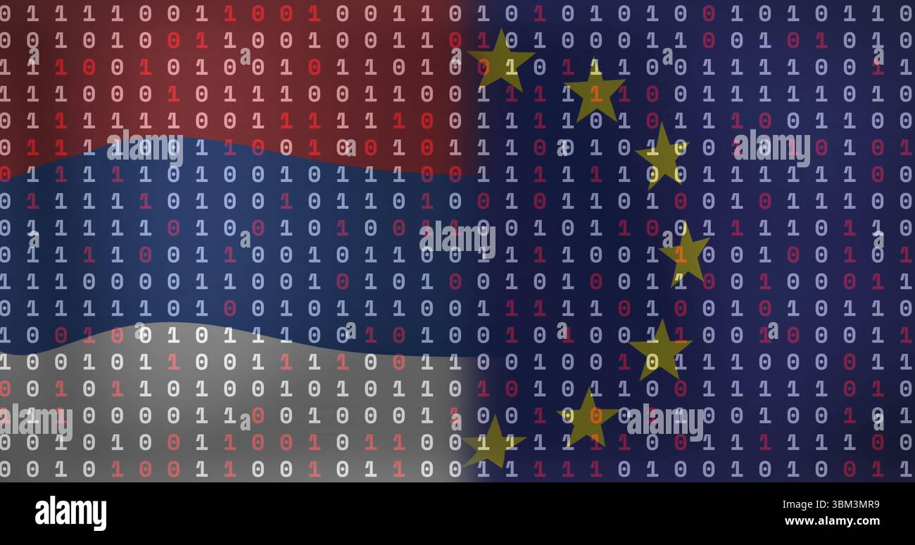 Streaming von Binärziffern, die rote blaue weiße Streifen in digitalen Grafiken bilden, mit 12 gelben Sternen Stockfoto