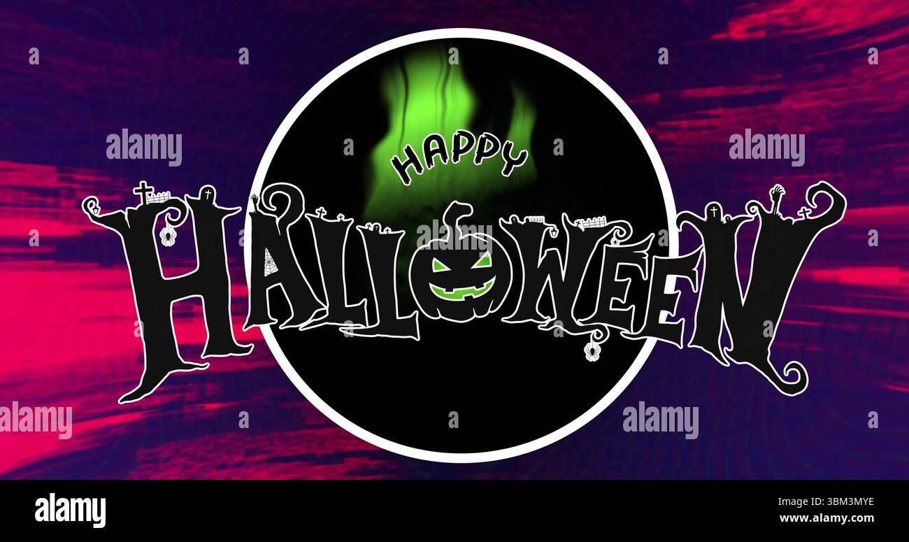 Präsentiert Halloween-Design mit Jack-o-Laterne im Kreis auf magentafarbenen, violetten Streifen, grüner Flamme Stockfoto