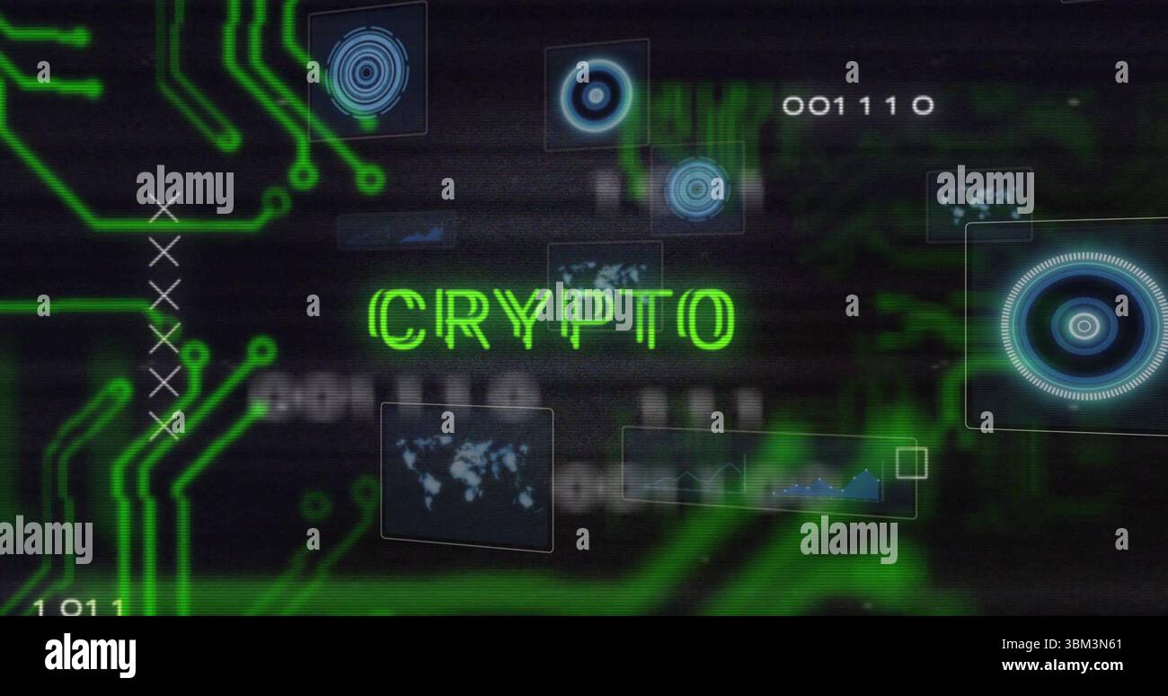 Leuchtender KRYPTOTEXT dominiert das Cyber-Dashboard mit Neonschaltungen, HUD-Panels, Binärcode Stockfoto