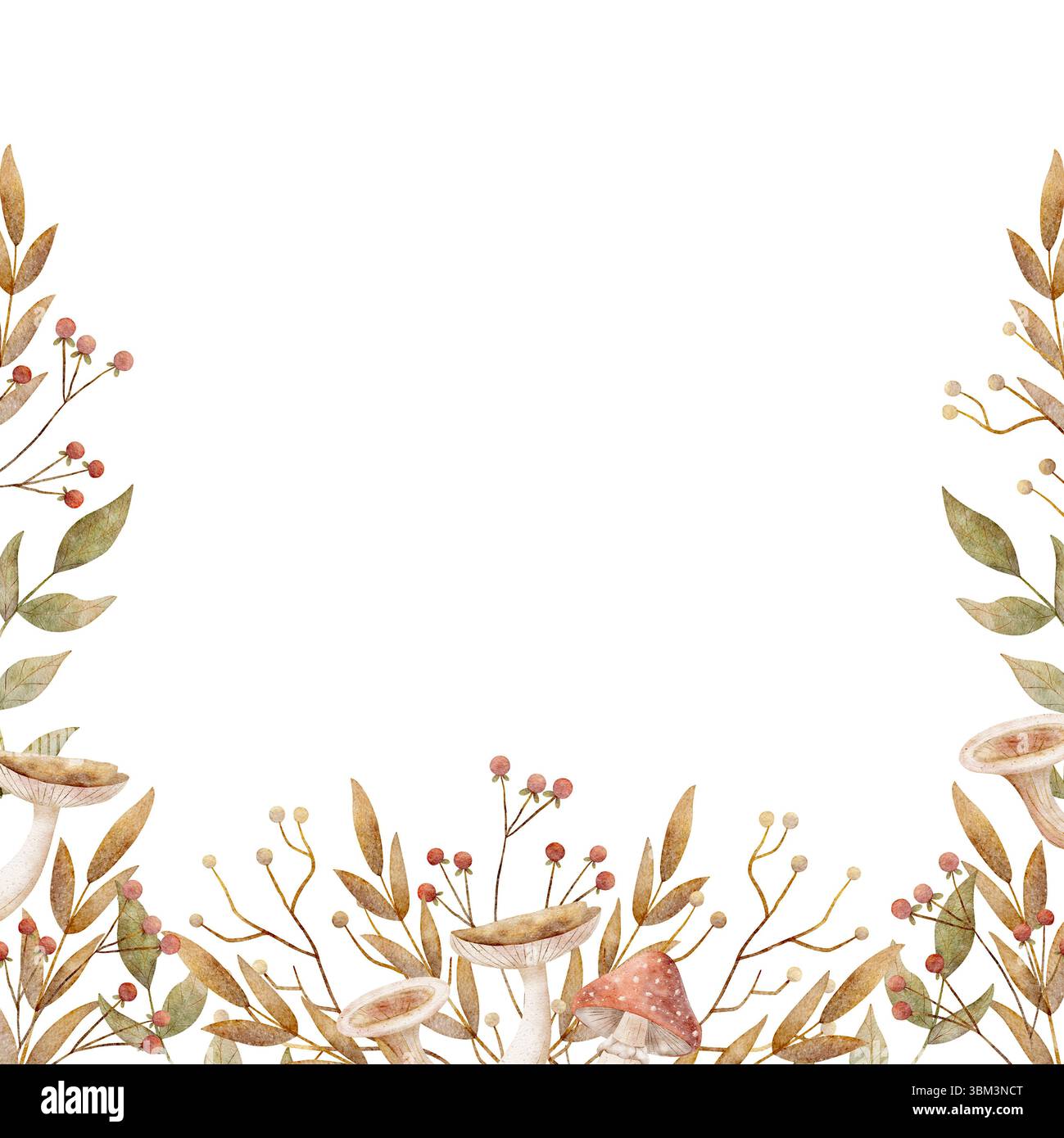 Herbstrahmen Aquarell Pilze Beeren Blätter, handgezeichnete Illustration in roten gelben Farben im Kinderstil. Vorlage auf isoliertem Hintergrund Stockfoto