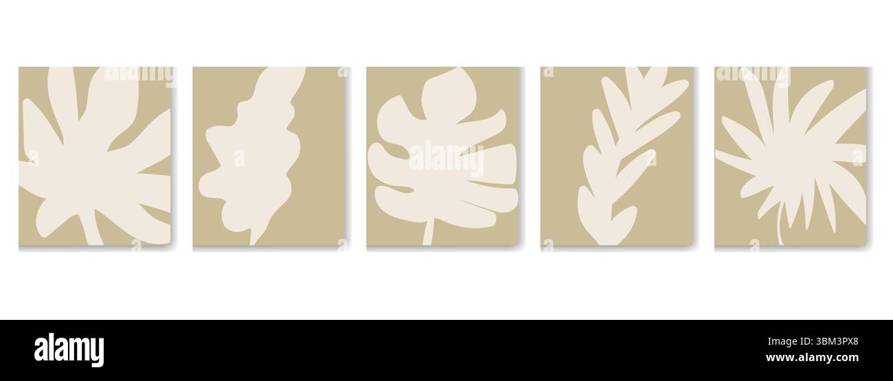 Minimalistische tropische Blätter in abstrakten Formen, weiches Beige auf Taupe. Perfekt für moderne, Boho- oder skandinavisch inspirierte Wohnkultur und digitale Projekte Stock Vektor
