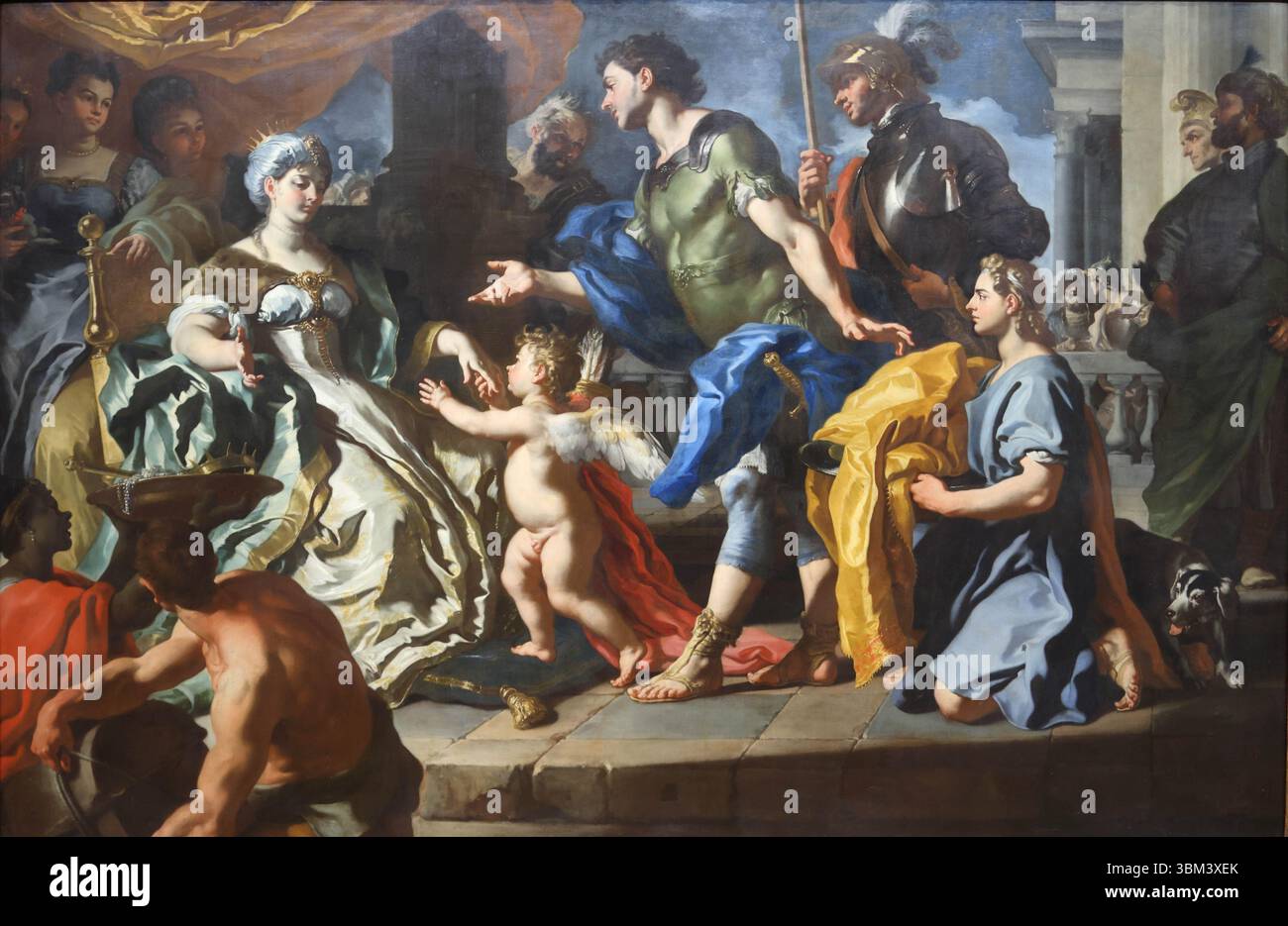 Dido erhält Aeneas und Amor als Ascanius verkleidet vom italienischen Barockmaler Francesco Solimena in der National Gallery, London, Großbritannien Stockfoto