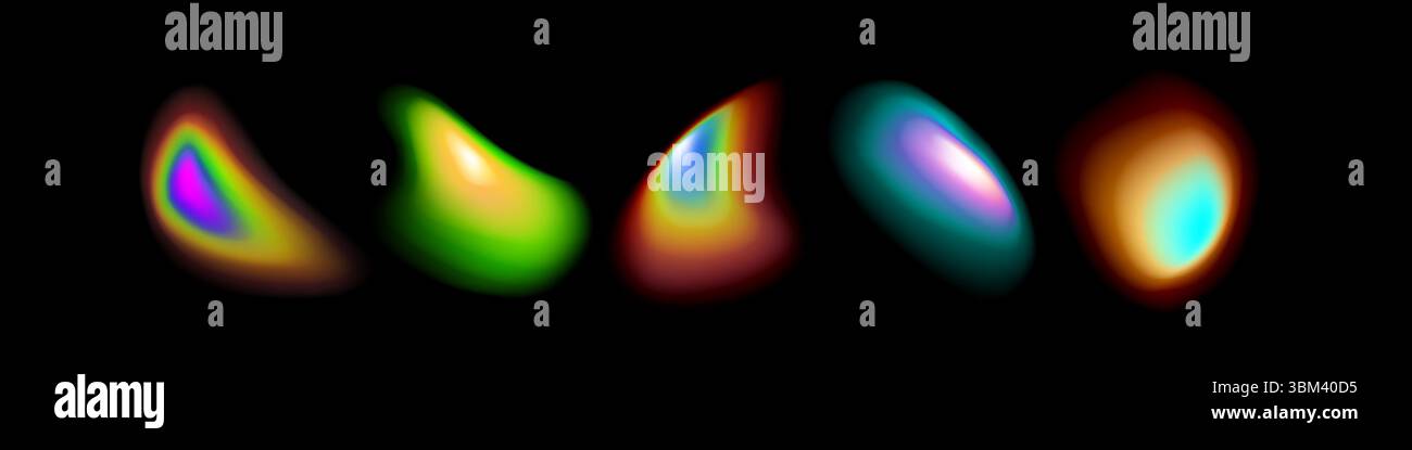 Leuchtende Farbpalette mit Farbverlauf und leuchtenden Regenbogenfarben auf schwarzem Hintergrund. Realistische abstrakte leuchtende Formen in neonfarbigen Halos für moderne digitale Kunst und futuristisches Design. Stock Vektor