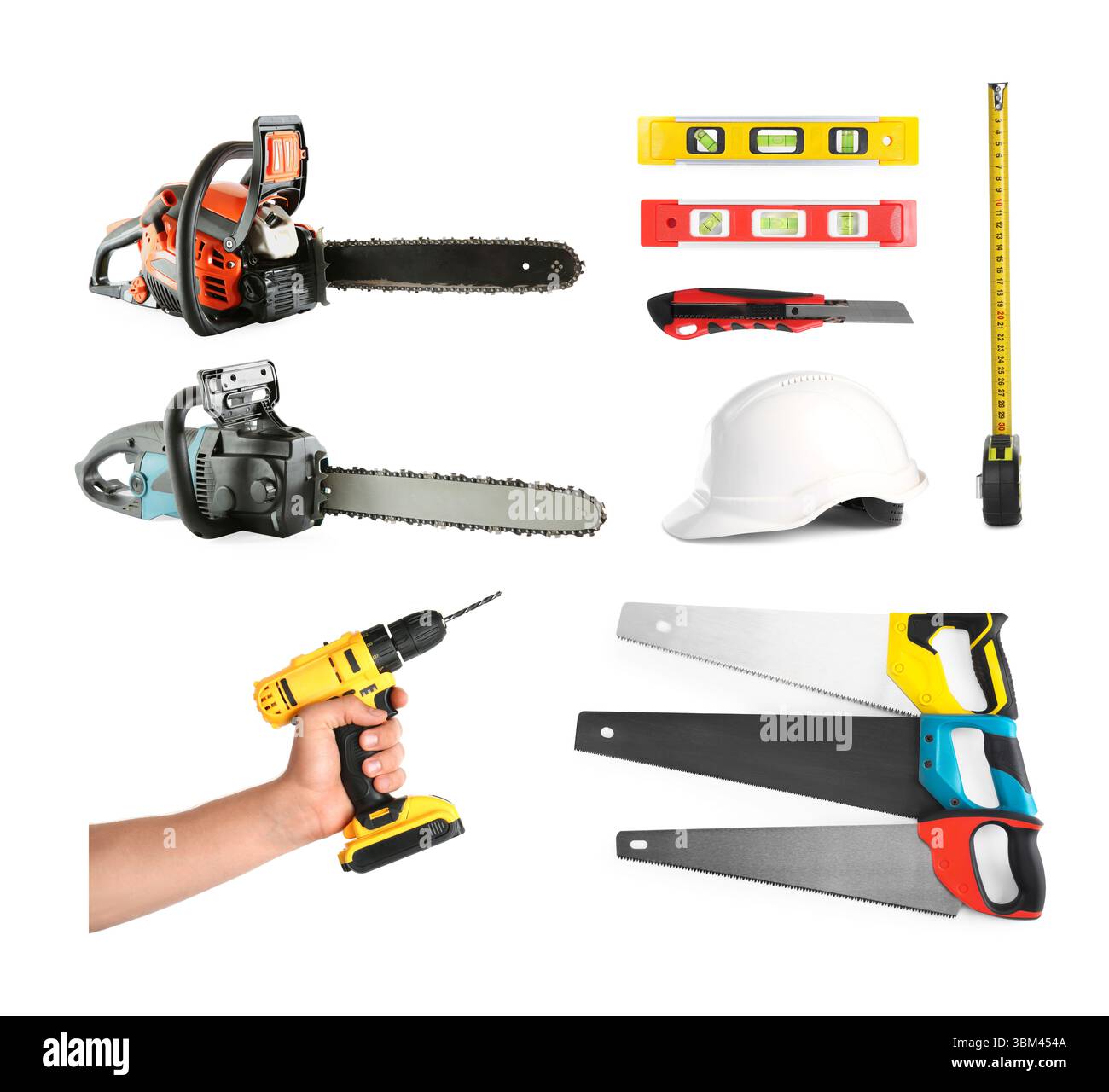 Verschiedene Arten von Sägen und andere Ausrüstung auf weißem Hintergrund, Set Stockfoto
