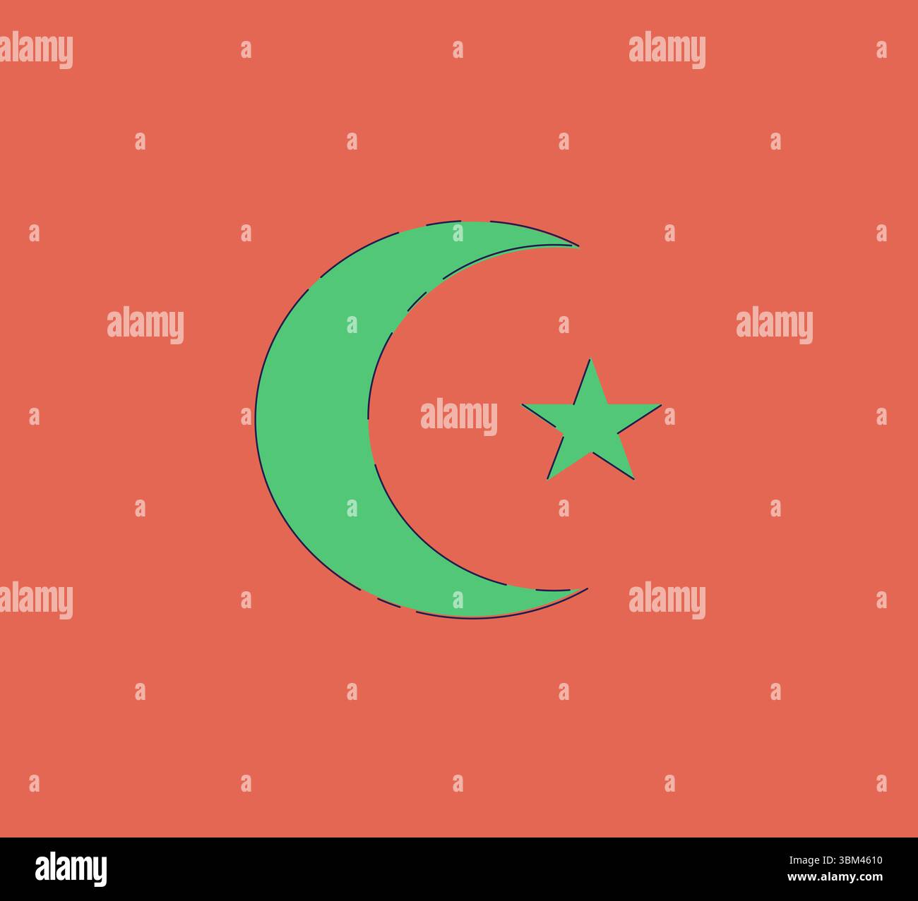 Ein lebendiges und auffälliges Design mit einem markanten Halbmond und einem leuchtenden Stern auf korallenfarbenem Hintergrund Stockfoto