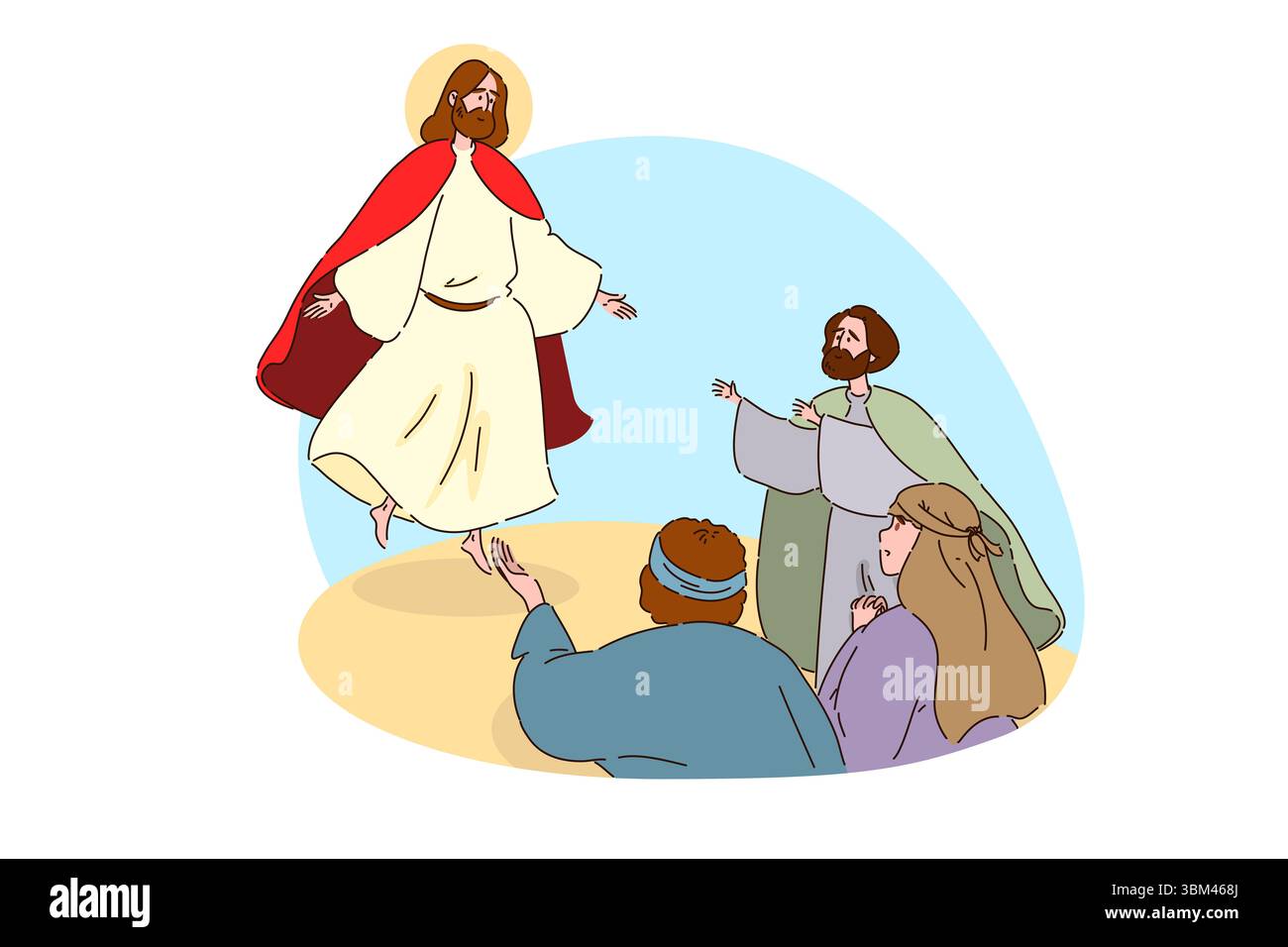 Eine Illustration von Jesus, der in den Himmel aufsteigt, während seine Jünger dieses wundersame Ereignis in Ehrfurcht beobachten Stockfoto