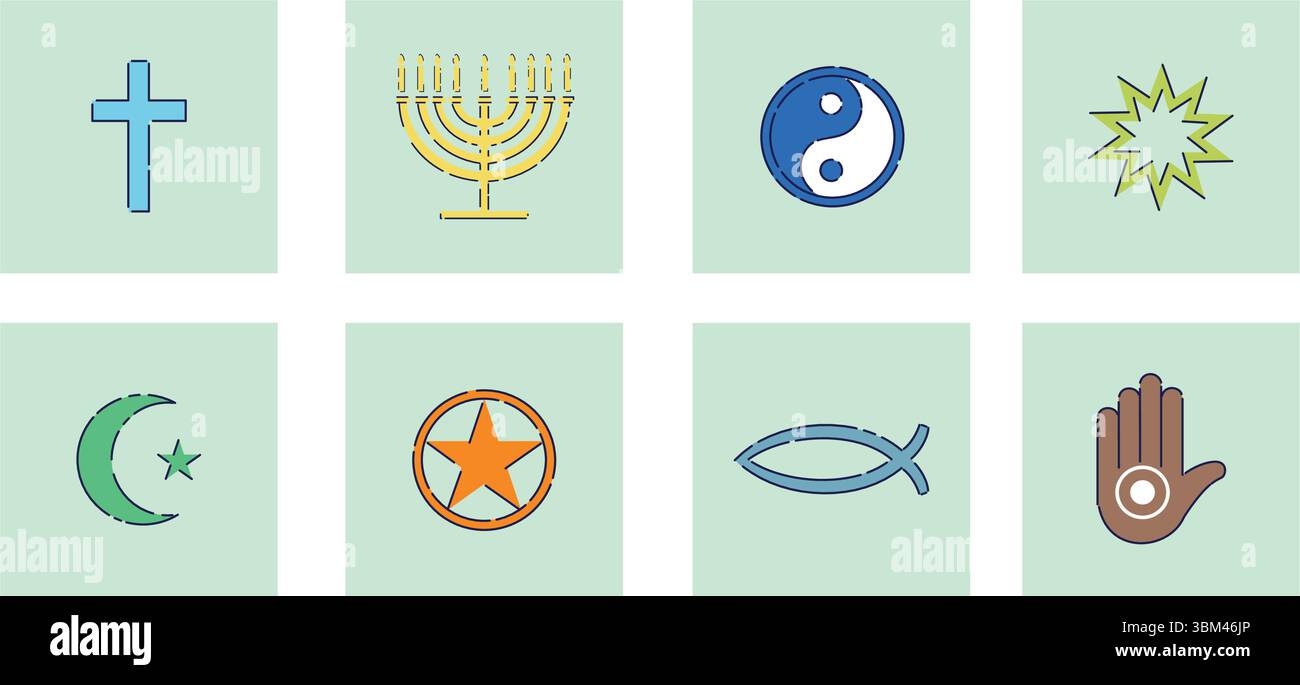 Erkunden Sie die Symbole, die mit verschiedenen Weltreligionen und -Philosophien im Laufe der Geschichte verbunden sind Stock Vektor