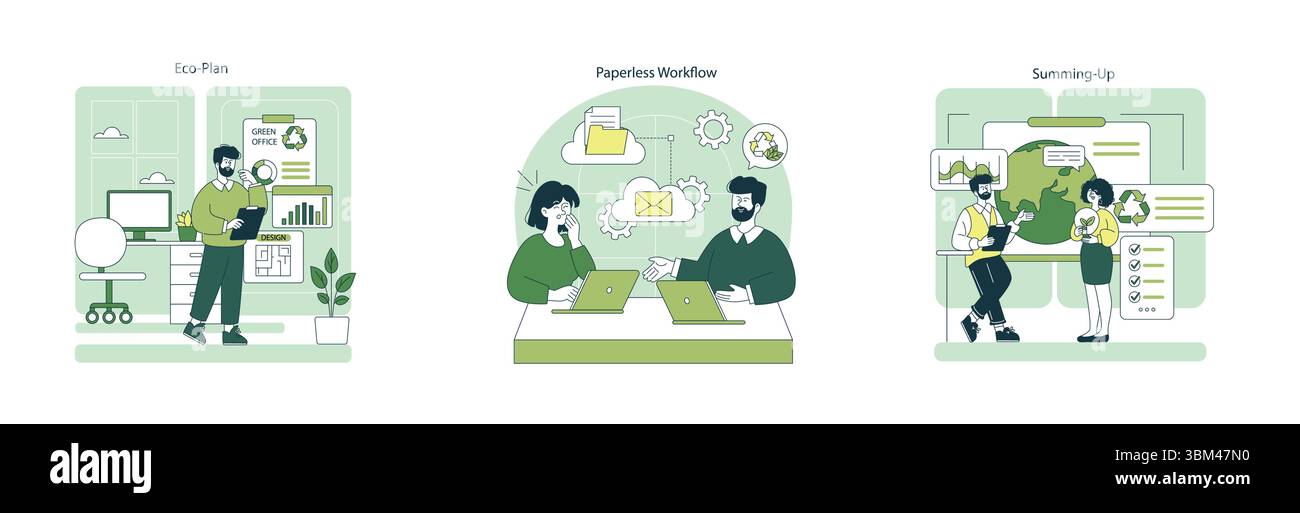 Vektorabbildung mit umweltfreundlichen Büropraktiken. Zeigt die Präsentation des Öko-Plans, den papierlosen Workflow auf Laptops und eine zusammenfassende Diskussion über Nachhaltigkeitskonzepte mit engagierten Ausdrücken. Stock Vektor