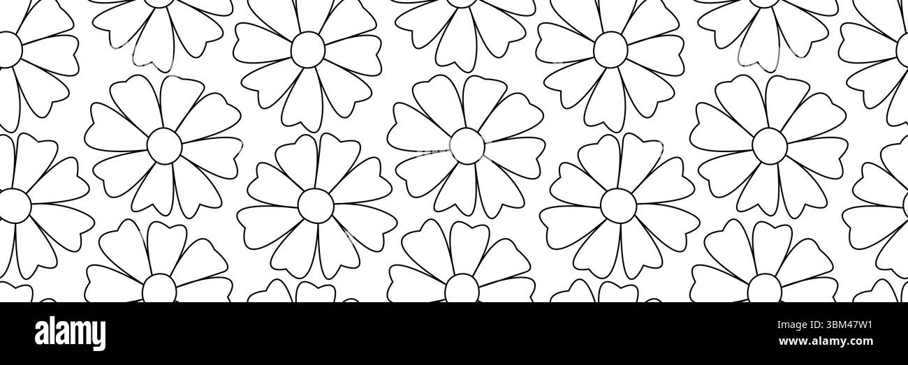 Ein nahtloses Muster mit Blumen. Ein konturierter floraler Hintergrund. Ein schlichter schwarzer und weißer Hintergrund mit Blumen. Stock Vektor