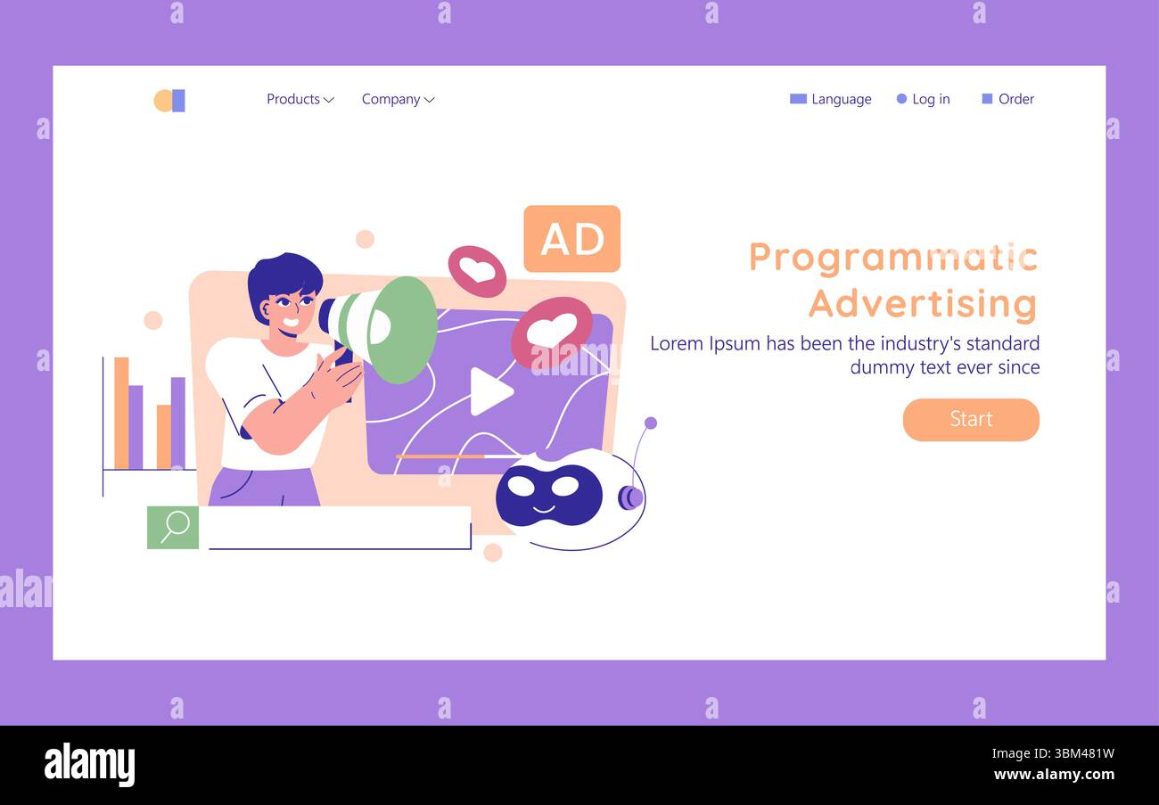KI im Marketing erhöht die Effektivität der Werbung durch datengesteuerte Strategien. Darstellung eines Marketingspezialisten, der für programmatische Werbung werben soll, und Darstellung der Synergie von Technologie und Kreativität. Vektorabbildung. Stock Vektor