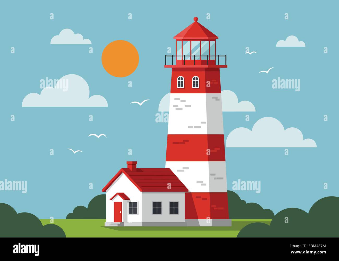 Flacher Vektor Leuchtturm mit Hütte und Wolken Stock Vektor