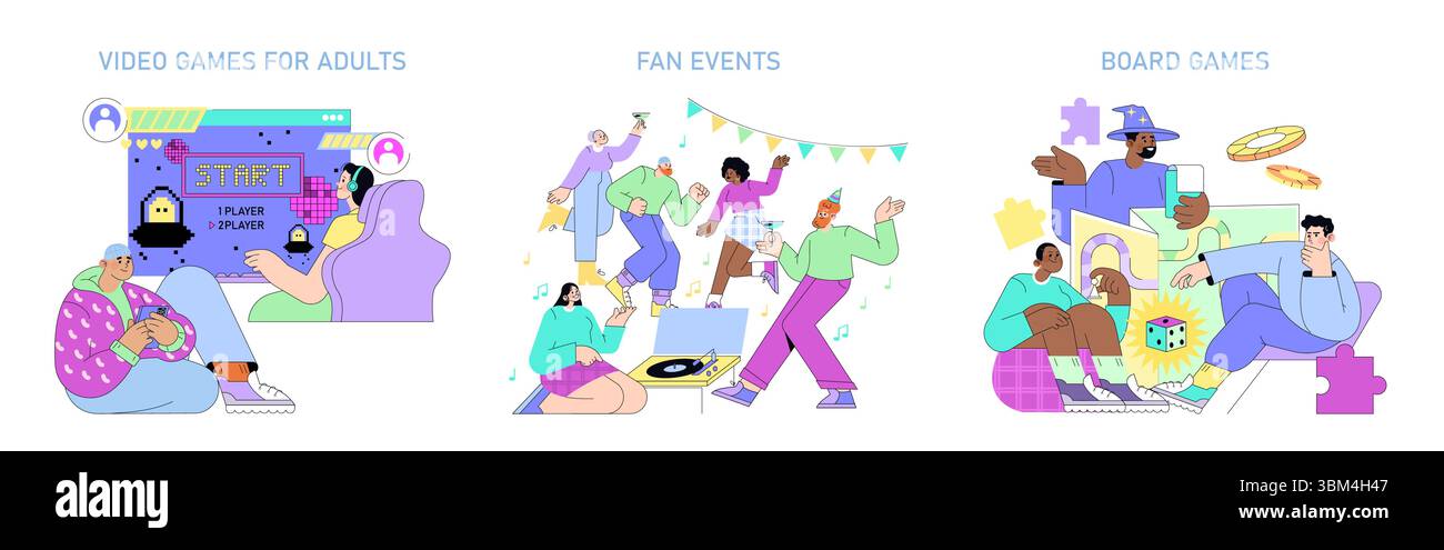 Vektorillustration, die Erwachsene bei Videospielen, Brettspielen und Fanveranstaltungen zeigt. Ausdruck von Freude und Aufregung betonen soziale Interaktion und Unterhaltung. Stock Vektor