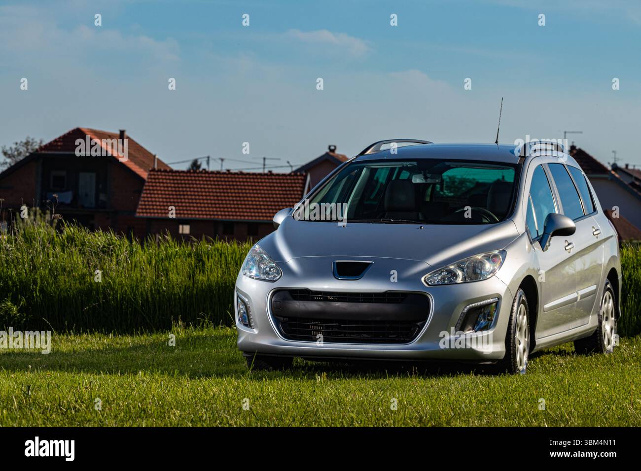 Ein silbernes Fließheck-Auto, das auf einem grasbewachsenen Feld steht, umgeben von der Brise und dem Sonnenlicht der Natur. Stockfoto
