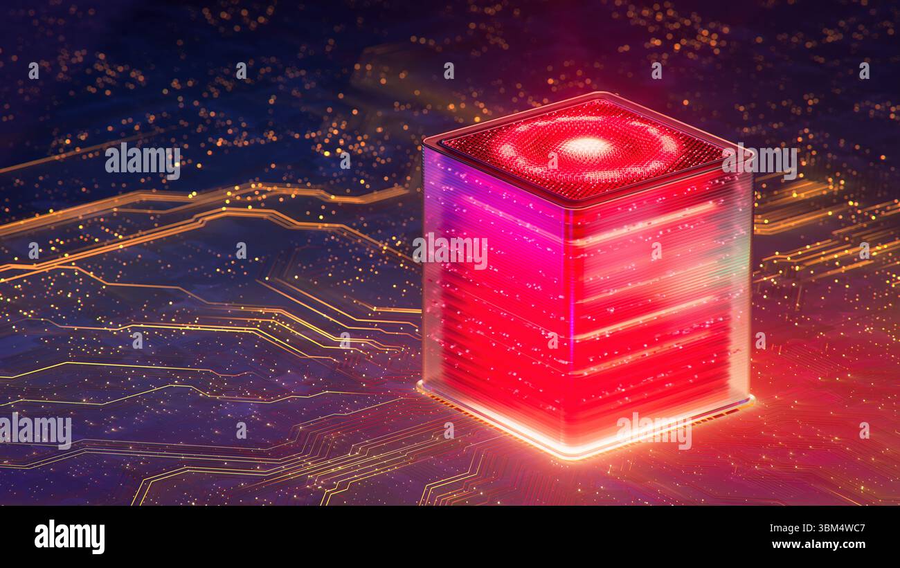 Artificial Intelligence Server Big Data Storage Machine. Lernalgorithmen. Cubes. Verarbeitet KI-Optimierung digitale Technologie. 3D-Abbildung Stockfoto