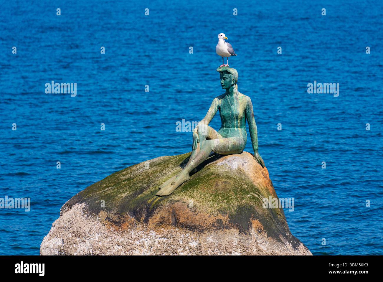 Mädchen im Neoprenanzug, eine Bronzeskulptur im Stanley Park in Vancouver, Kanada Stockfoto