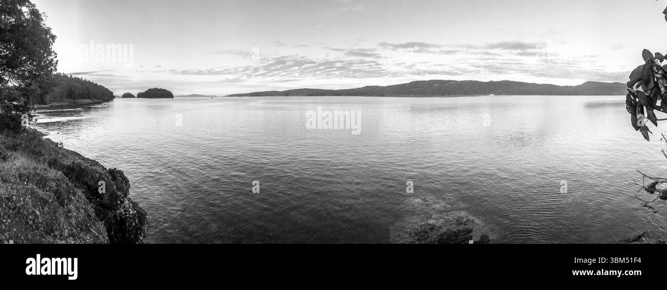Schwarz-weiße Landschaft an der Küste einer kleinen Insel im Gulf Islands Archipel in British Columbia Stockfoto