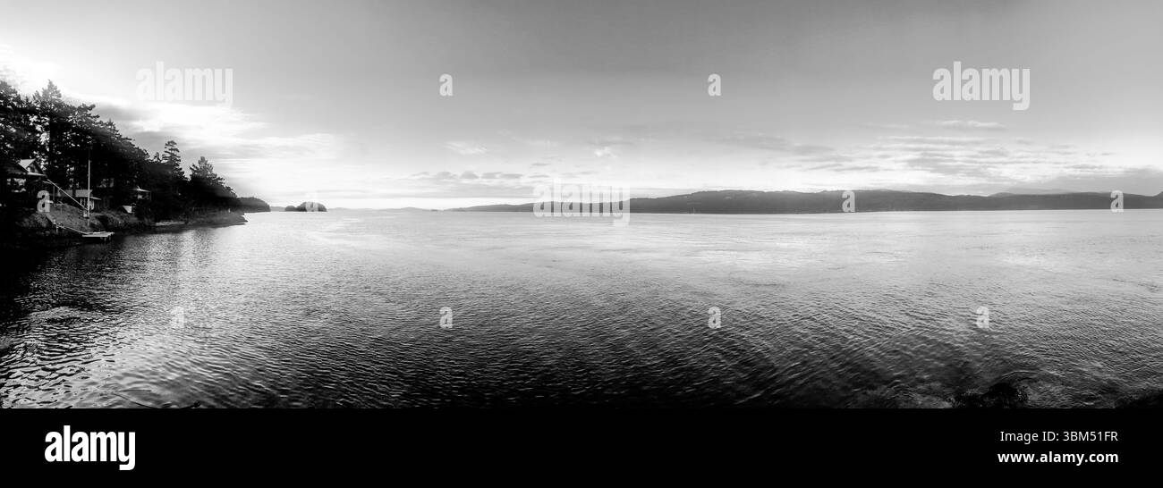 Schwarz-weiße Landschaft an der Küste einer kleinen Insel im Gulf Islands Archipel in British Columbia Stockfoto
