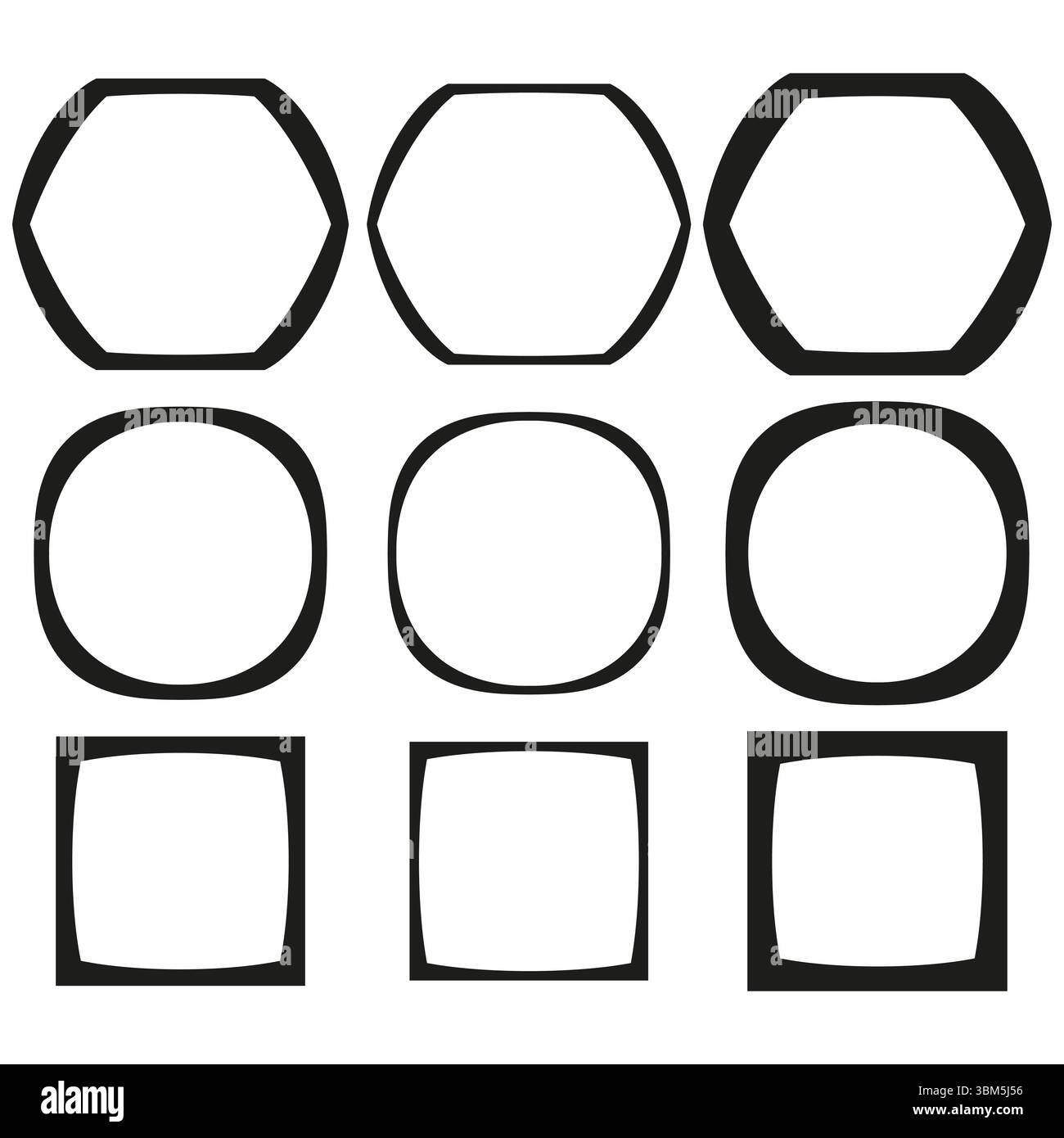 Sechseckige Kreisrahmen. Kollektion in quadratischer Form. Geometrischer Begrenzungsvektor. Konturelemente festgelegt. Stock Vektor