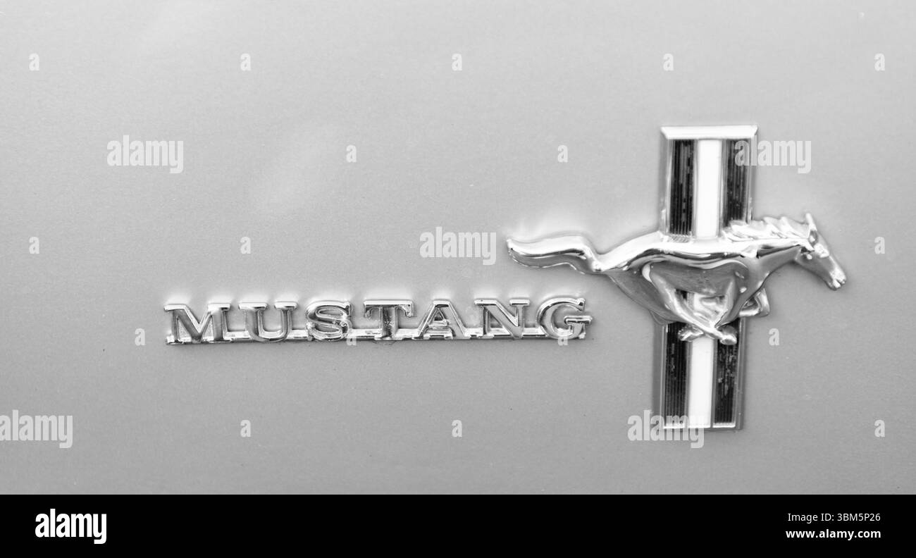Seattle, WA, USA – 3. Juli 2024: Mint Red Ford Mustang Logo 1965 1966. Amerikanischer Klassiker im Retro-Stil Stockfoto