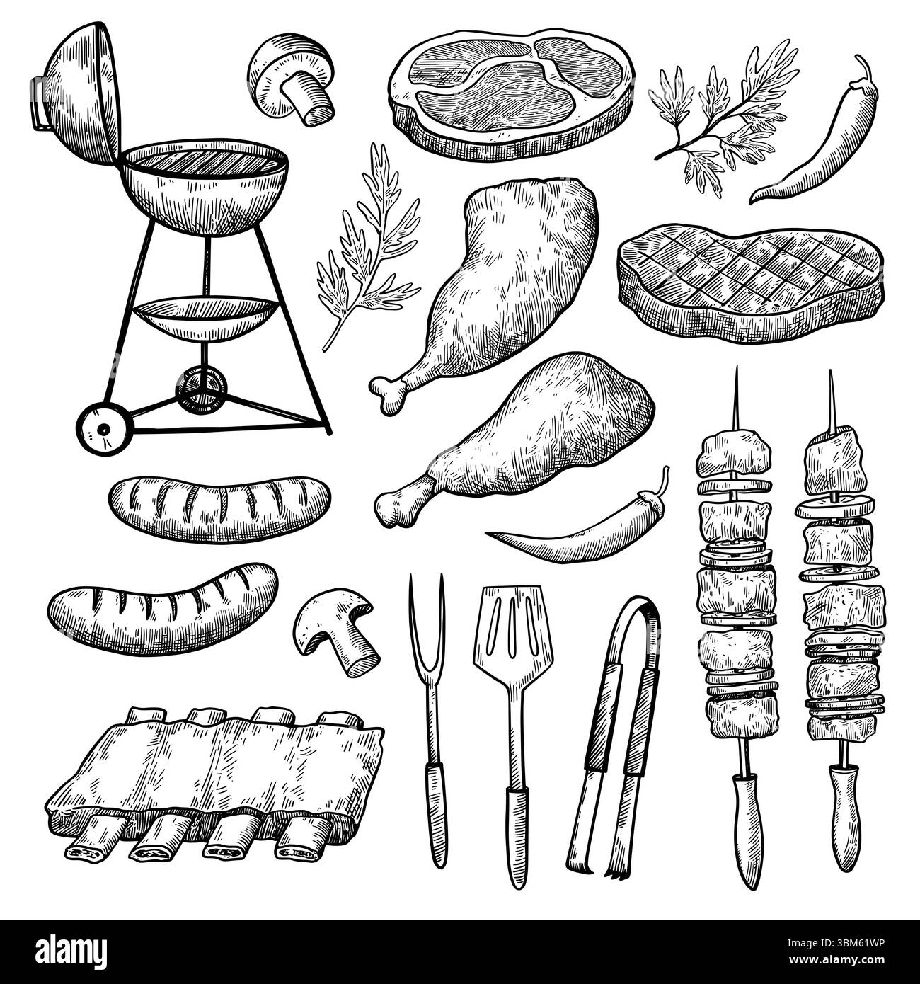 Große Herbstblätter, Baumsamen, Eicheln und Kastanien. Monochrome handgezeichnete Vektorillustration. Stock Vektor