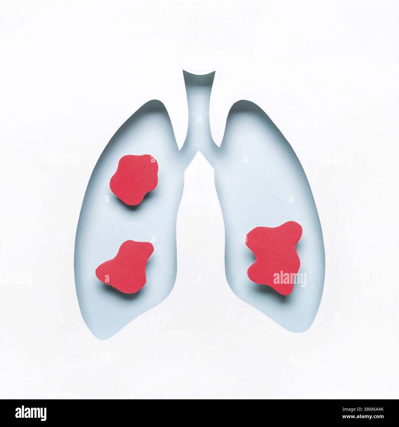 Welttuberkulosetag oder Weltlungstag Konzept. Blue Hole Lungen mit roten abgerundeten Flecken. Minimale Papierkunst Stockfoto