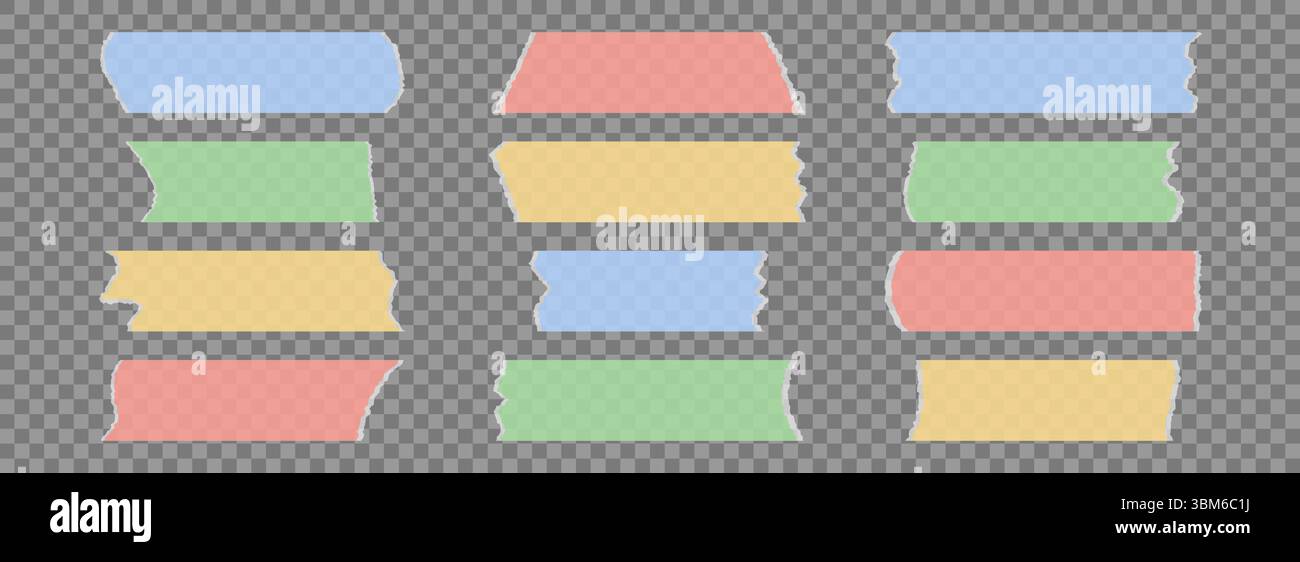 Sammlung farbiger Klebebänder. Satz gerissener Klebebandstücke. Streifen. Plastik-Scotch-Streifen mit gerissenen gezackten Kanten. Klebriges Abdeckpapier für Verpackungsfolie, leeres Etikett, Etikett, Aufkleber, Dekoration. Vektor Stock Vektor