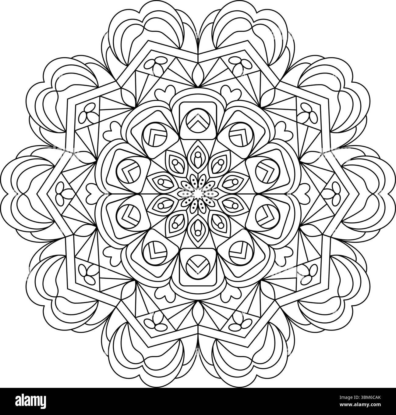 Kompliziertes, symmetrisches Mandala-Design, ideal zum Ausmalen von Büchern, zur Entspannung und zur Achtsamkeit Stock Vektor