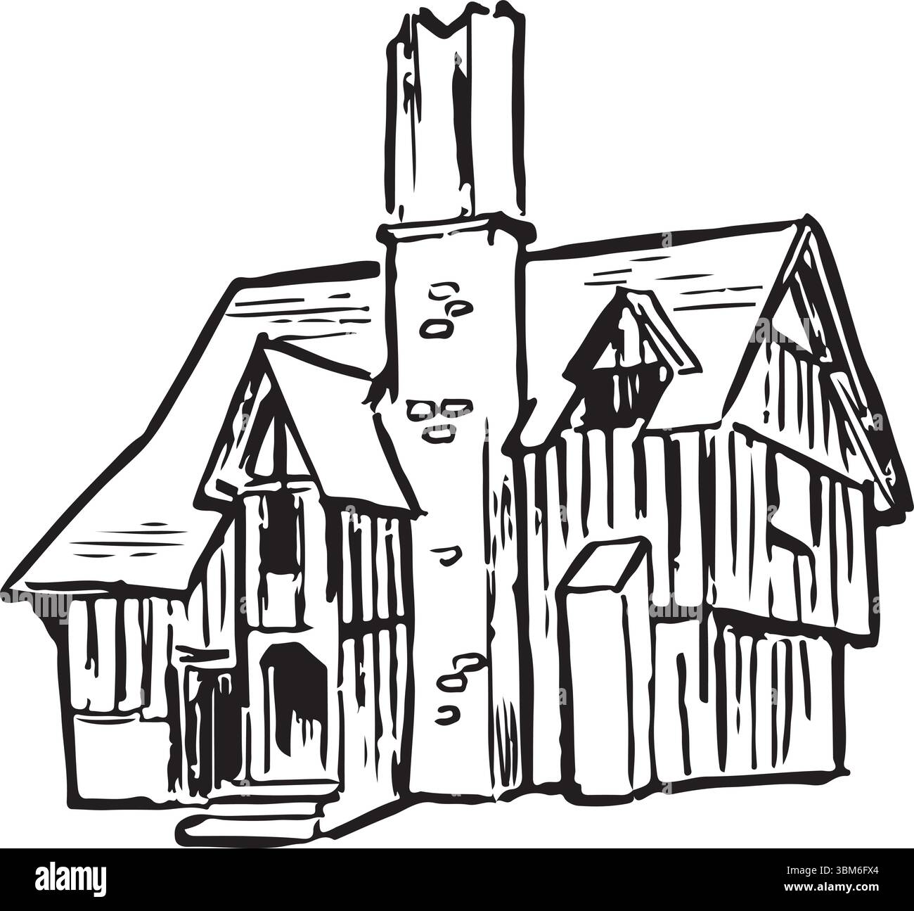 Selly Manor Museum, Birmingham, England, Schwarzweißtinte Skizze. Gebäude im Tudor-Stil mit Holzrahmen und historischem Charme. Kulturell und historisch Stock Vektor