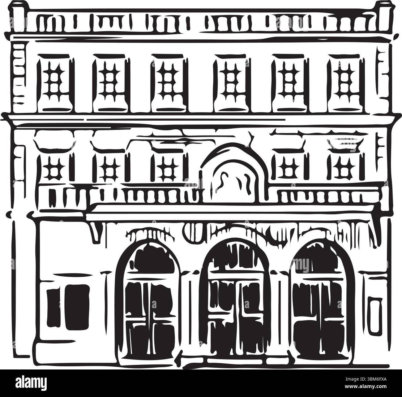 Theatre Royal, Bath, England, Schwarzweißtinte Skizze. Historisches englisch georgianisches Architekturziel. Illustration eines europäischen Kulturdenkmals. Stock Vektor