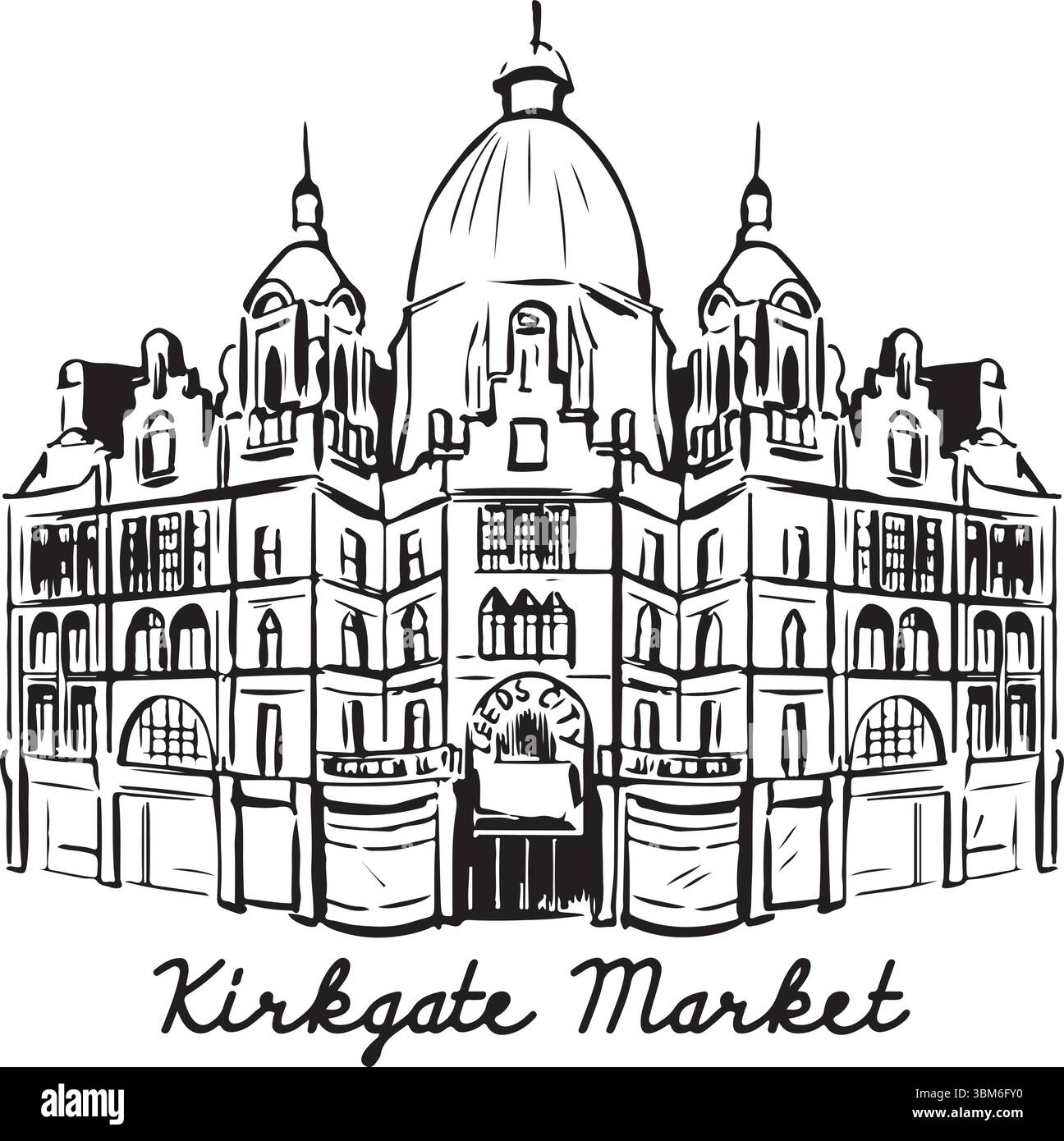 Kirkgate-Bautinte-Illustration. Historische Architekturskizzen. Illustration des Vektors für UK-Referenzmarken. Architektur minimale Zeichnungen in Schwarz und Stock Vektor