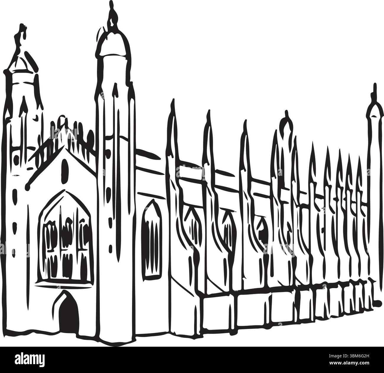 King's College, Cambridge, England, Schwarzweiß-Tinte Skizze. Gotische Architektur, atemberaubende Kapelle und komplizierte Mauerwerke. Historische Wahrzeichen Kunst. Stock Vektor