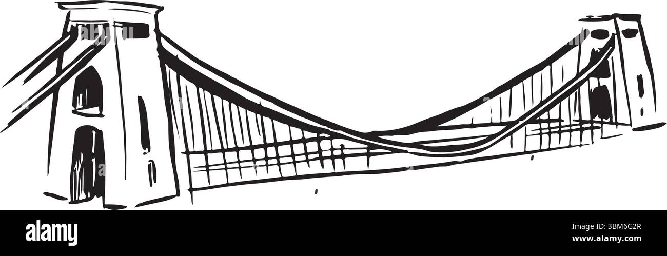 Clifton Suspension Bridge, Bristol, England, Skizze mit schwarzer und weißer Tinte. Legendäres viktorianisches Ingenieurdenkmal mit Design, das sich über die Avon-Schlucht erstreckt. Stock Vektor Clifton Suspension Bridge, Bristol, England, Skizze mit schwarzer und weißer Tinte. Legendäres viktorianisches Ingenieurdenkmal mit Design, das sich über die Avon-Schlucht erstreckt. Stock Vektor