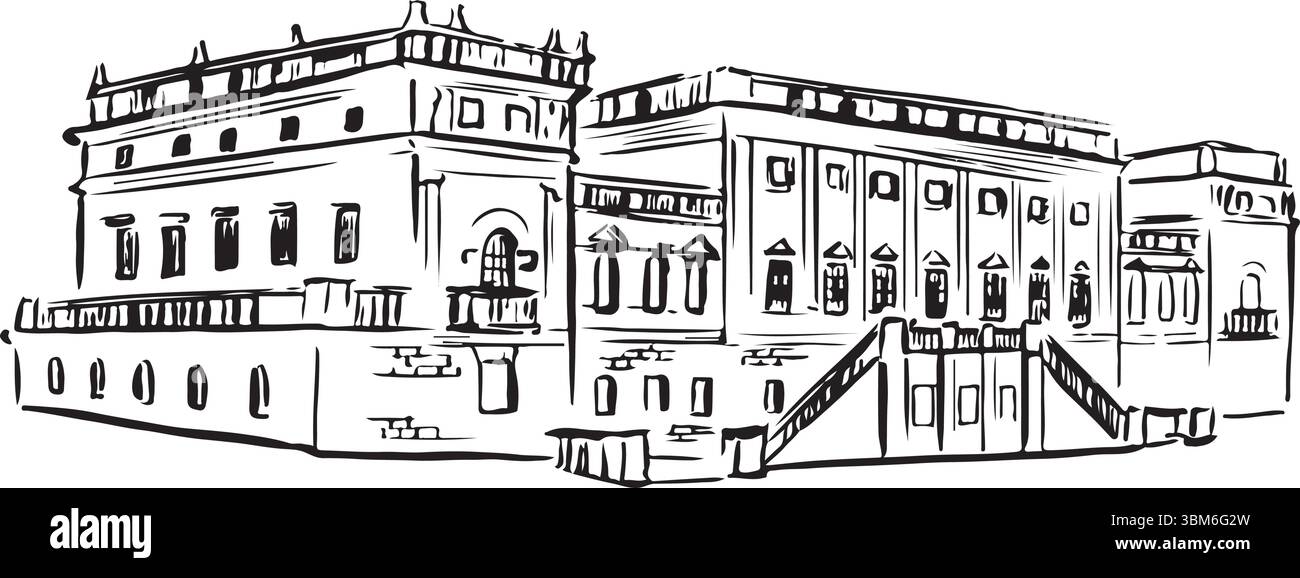 Harewood House, Leeds, England, schwarze und weiße Tinte. Atemberaubendes georgianisches Herrenhaus mit eleganter Architektur und Gärten. Stock Vektor