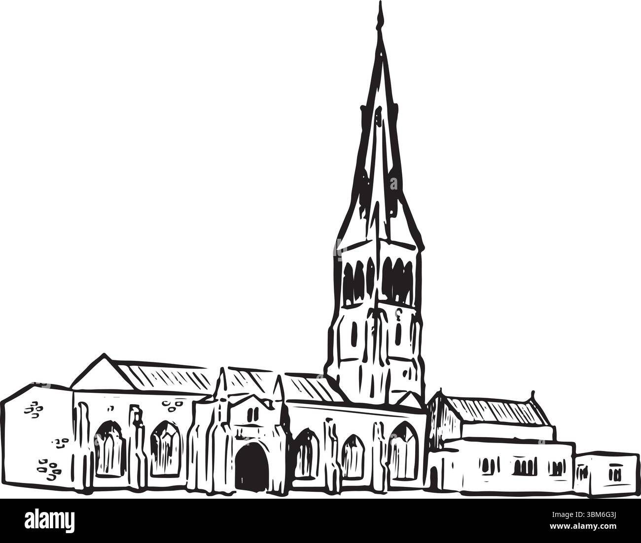Leicester Cathedral, Leicester, England, schwarze und weiße Tinte. Historische gotische Architektur mit komplizierten Steinmetzwerken und großem Turm. Stock Vektor