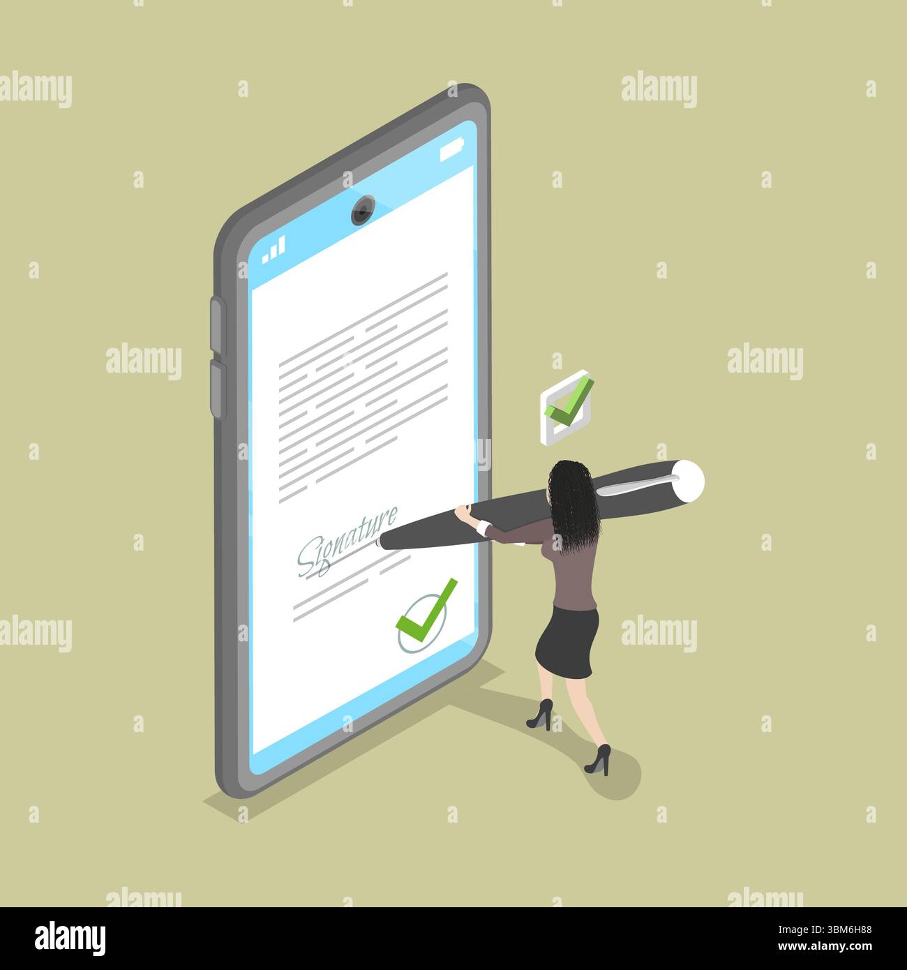 Isometrische 3D-Illustration von Electronicaly Signed Document, Digital Xontract, E-Document Stockfoto