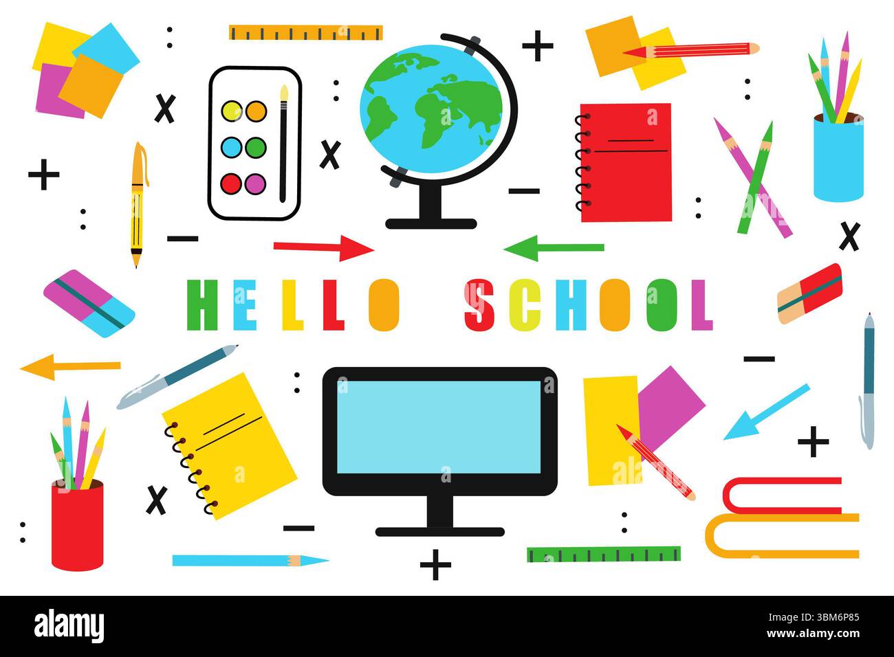 Schul- und Bürobedarf. Globus, Computer, Schreibgeräte, Bleistift, Stift, Lineale, Marker, Bücher. Bildung, "Hallo Schule"-Konzept. Vektorillus Stockfoto