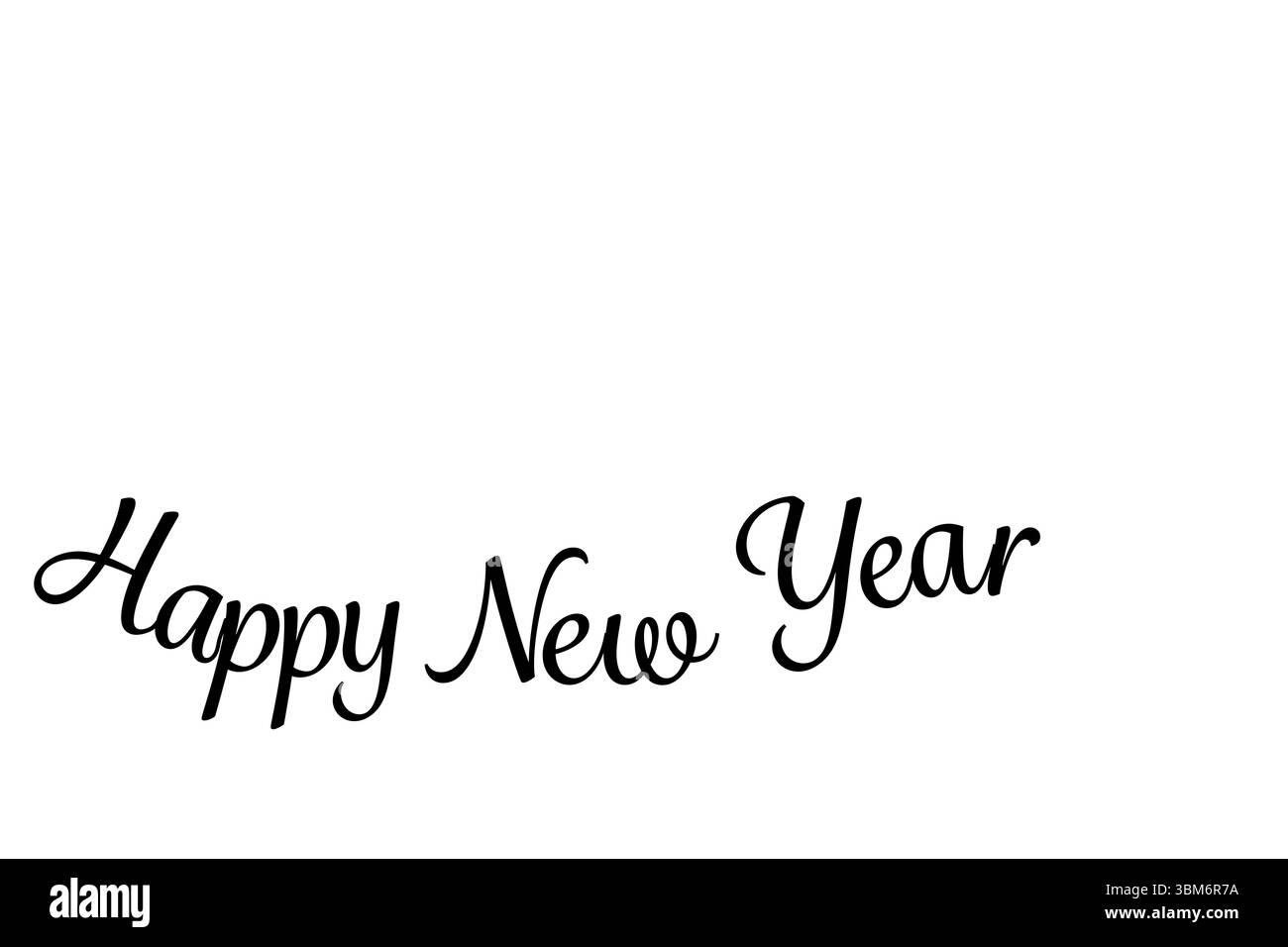 Mit schwarzem, kursivem Happy New Year-Text, der auf weißem Canvas mit minimalem, flachem Design übergeht Stockfoto