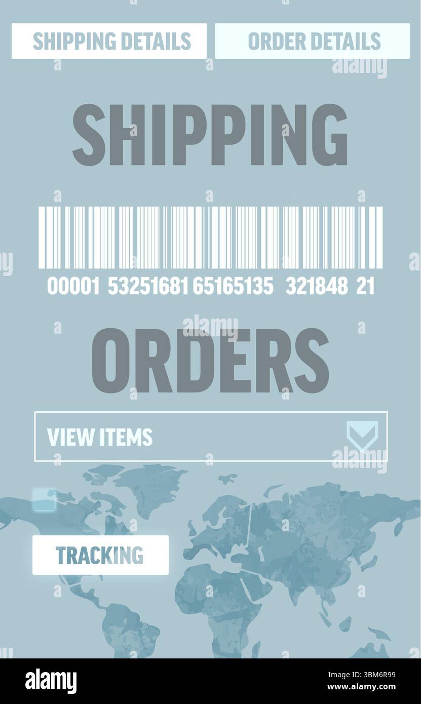Die Benutzeroberfläche für Versandaufträge zeigt eine flache Benutzeroberfläche mit Barcode-, Ansichts- oder Tracking-Schaltflächen und einem Silhouett der Weltkarte Stockfoto
