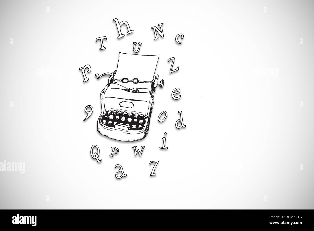 Die Vintage-Schreibmaschine zeigt leeres Blatt und frei bewegliche Zeichen in Strichvorlagen und im Kopierbereich an Stockfoto