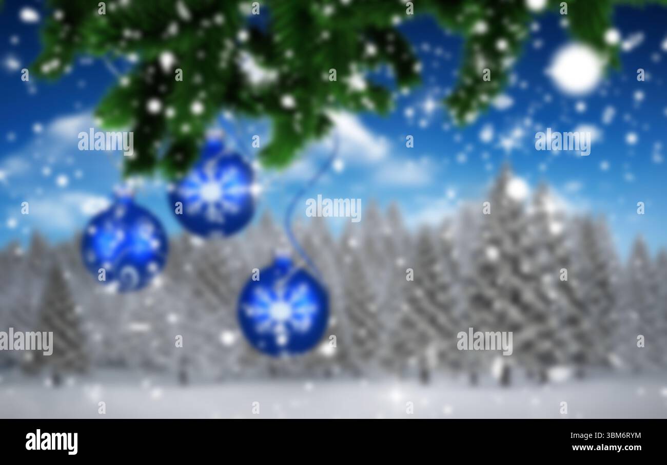 Flaches Design mit drei blauen Schneeflocken-Kugeln, die an Tannenzweigen hängen, Schnee fällt über den Wald Stockfoto